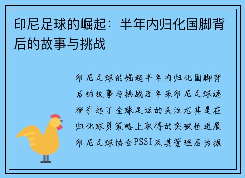 印尼足球的崛起：半年内归化国脚背后的故事与挑战