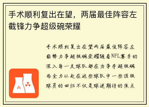 手术顺利复出在望，两届最佳阵容左截锋力争超级碗荣耀
