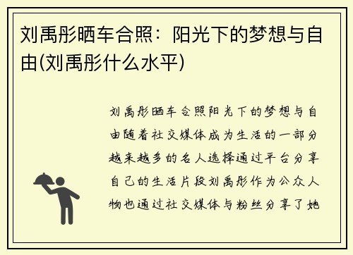 刘禹彤晒车合照：阳光下的梦想与自由(刘禹彤什么水平)