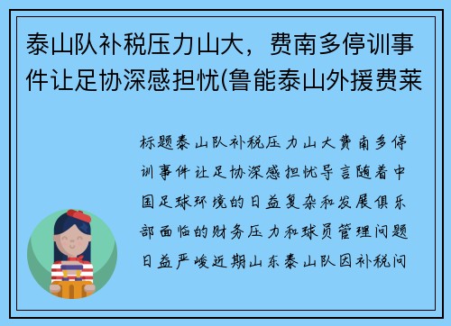 泰山队补税压力山大，费南多停训事件让足协深感担忧(鲁能泰山外援费莱尼)