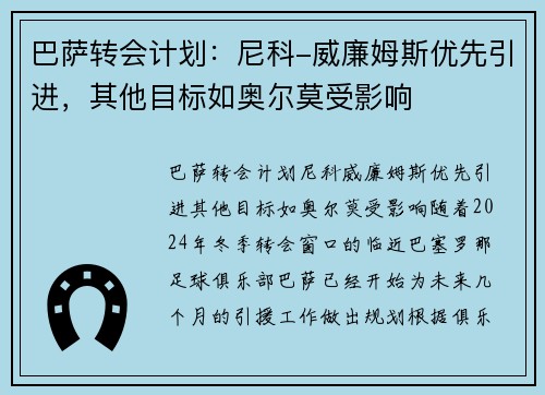 巴萨转会计划：尼科-威廉姆斯优先引进，其他目标如奥尔莫受影响