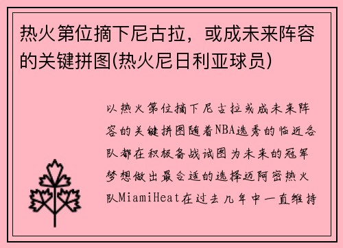 热火第位摘下尼古拉，或成未来阵容的关键拼图(热火尼日利亚球员)