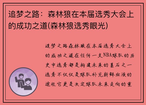 追梦之路：森林狼在本届选秀大会上的成功之道(森林狼选秀眼光)