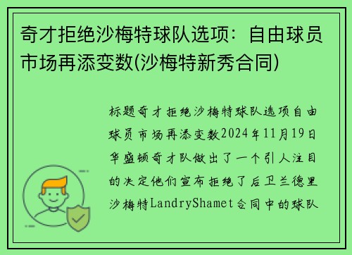 奇才拒绝沙梅特球队选项：自由球员市场再添变数(沙梅特新秀合同)