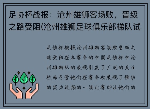 足协杯战报：沧州雄狮客场败，晋级之路受阻(沧州雄狮足球俱乐部梯队试训)