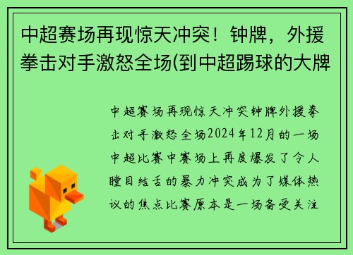 中超赛场再现惊天冲突！钟牌，外援拳击对手激怒全场(到中超踢球的大牌外援)