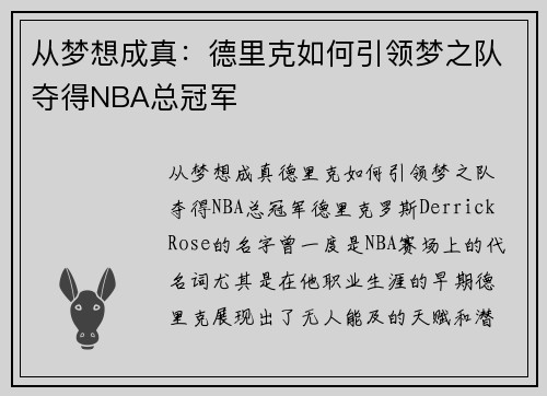 从梦想成真：德里克如何引领梦之队夺得NBA总冠军