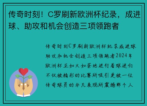 传奇时刻！C罗刷新欧洲杯纪录，成进球、助攻和机会创造三项领跑者