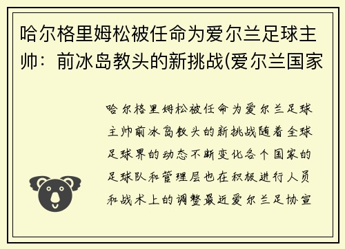 哈尔格里姆松被任命为爱尔兰足球主帅：前冰岛教头的新挑战(爱尔兰国家队主帅)